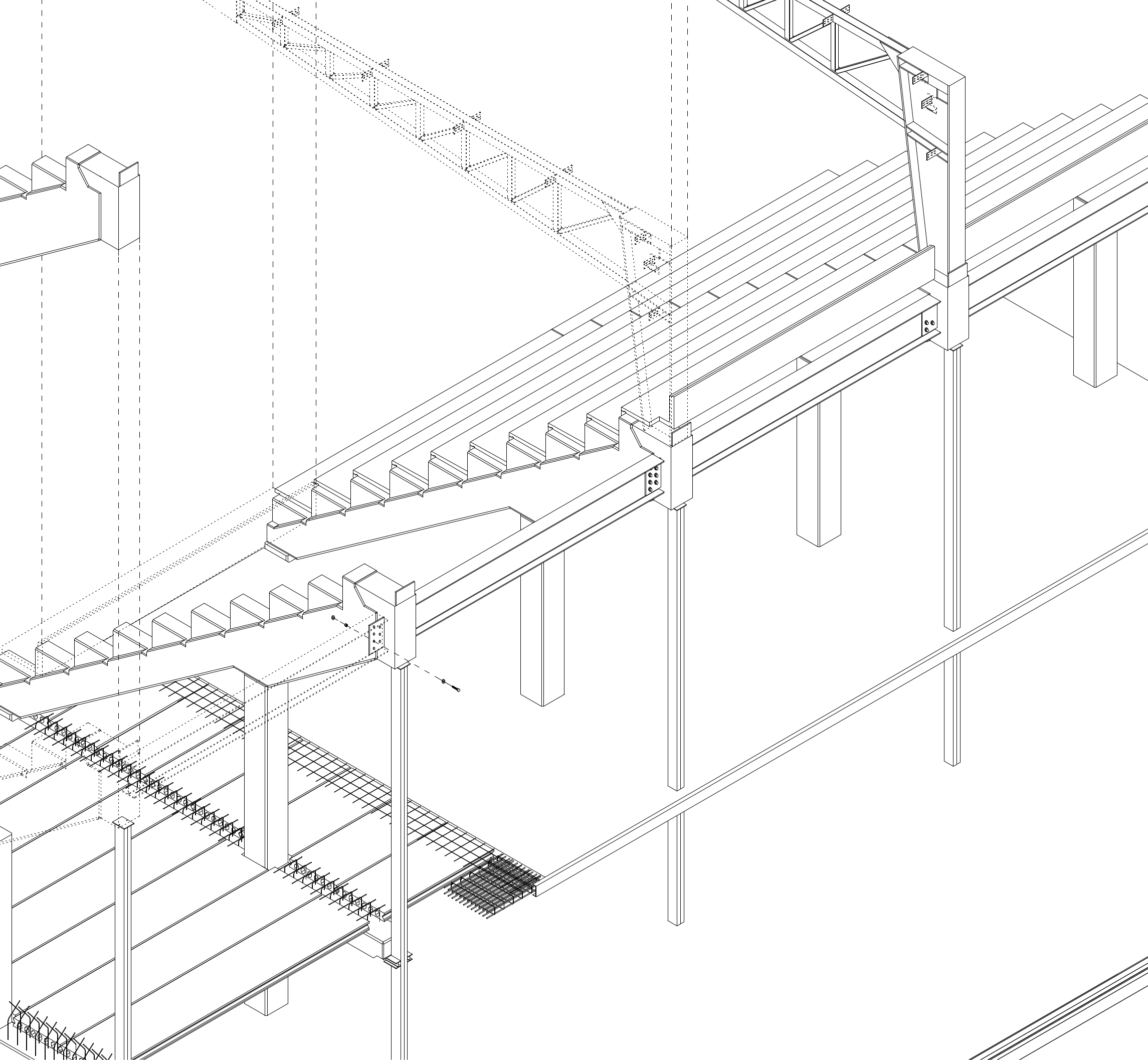 Detalle del desarrollo del forjado, el graderío y el arranque de la estructura de cubierta