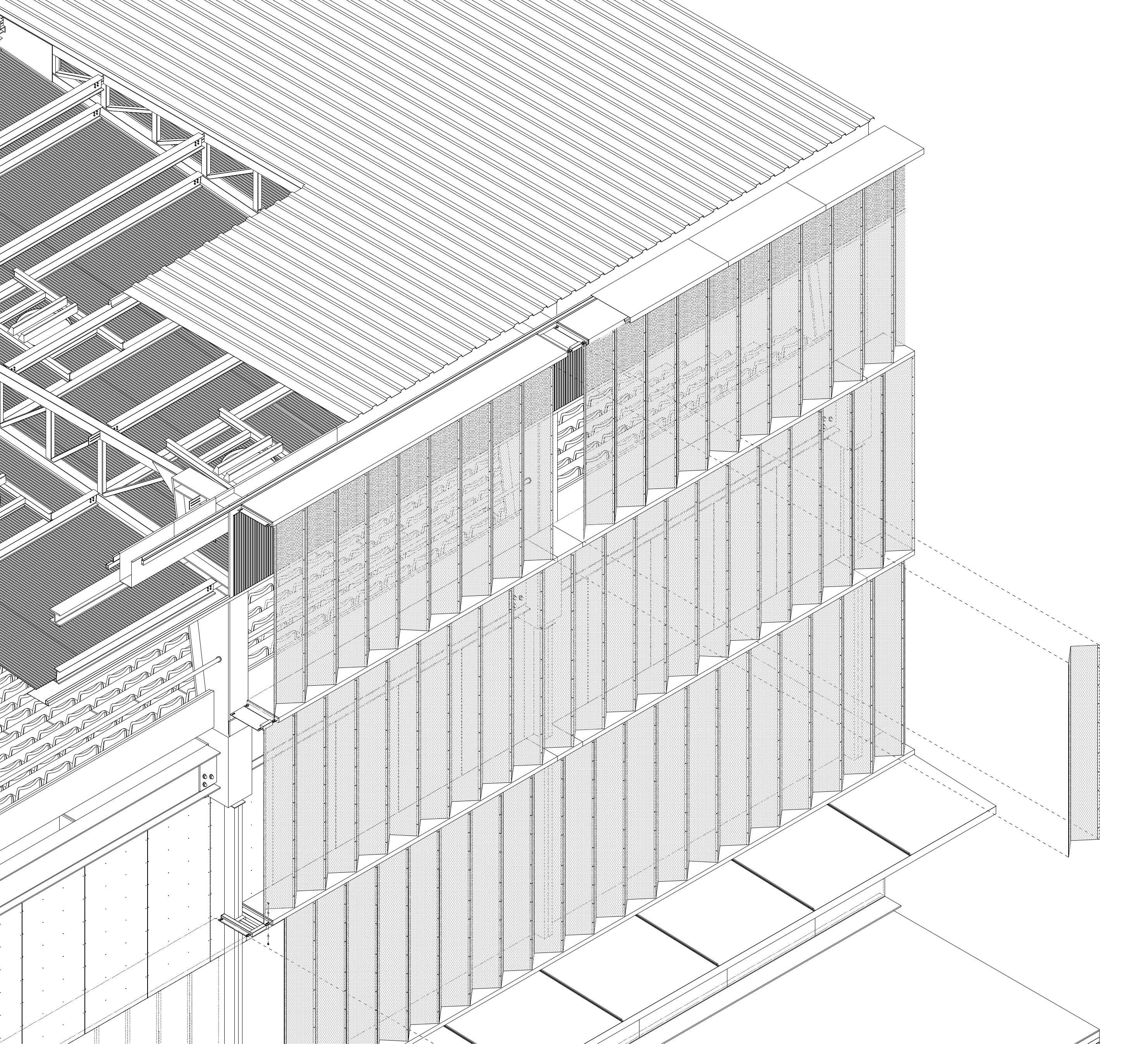Detalle del cerramiento vertical y sus piezas proyectadas hacia el exterior