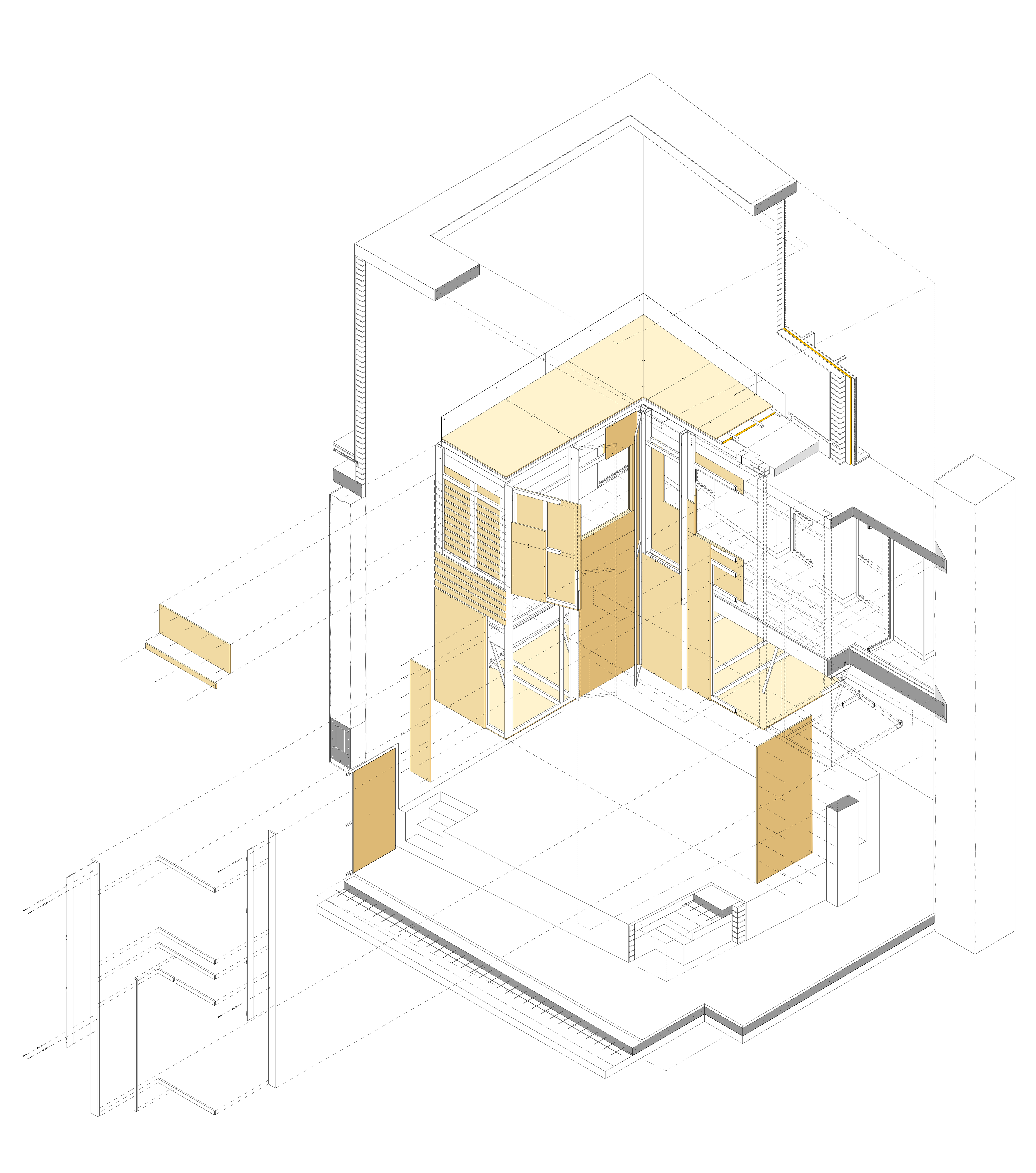 Dibujo conjunto completo de la Casa del Plátano, sin la rotulación original de la tesis