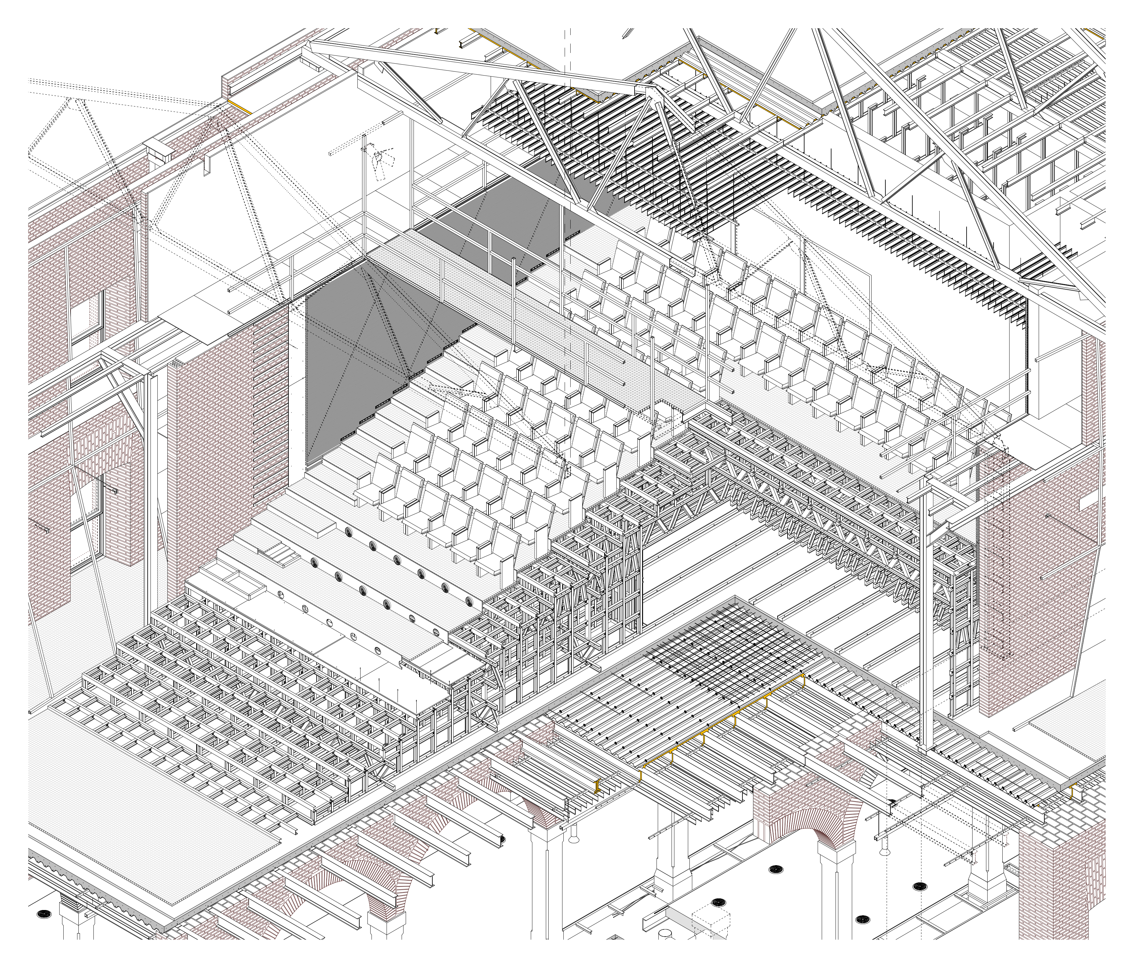 Detalle de la sala, los graderíos y la estructura escénica