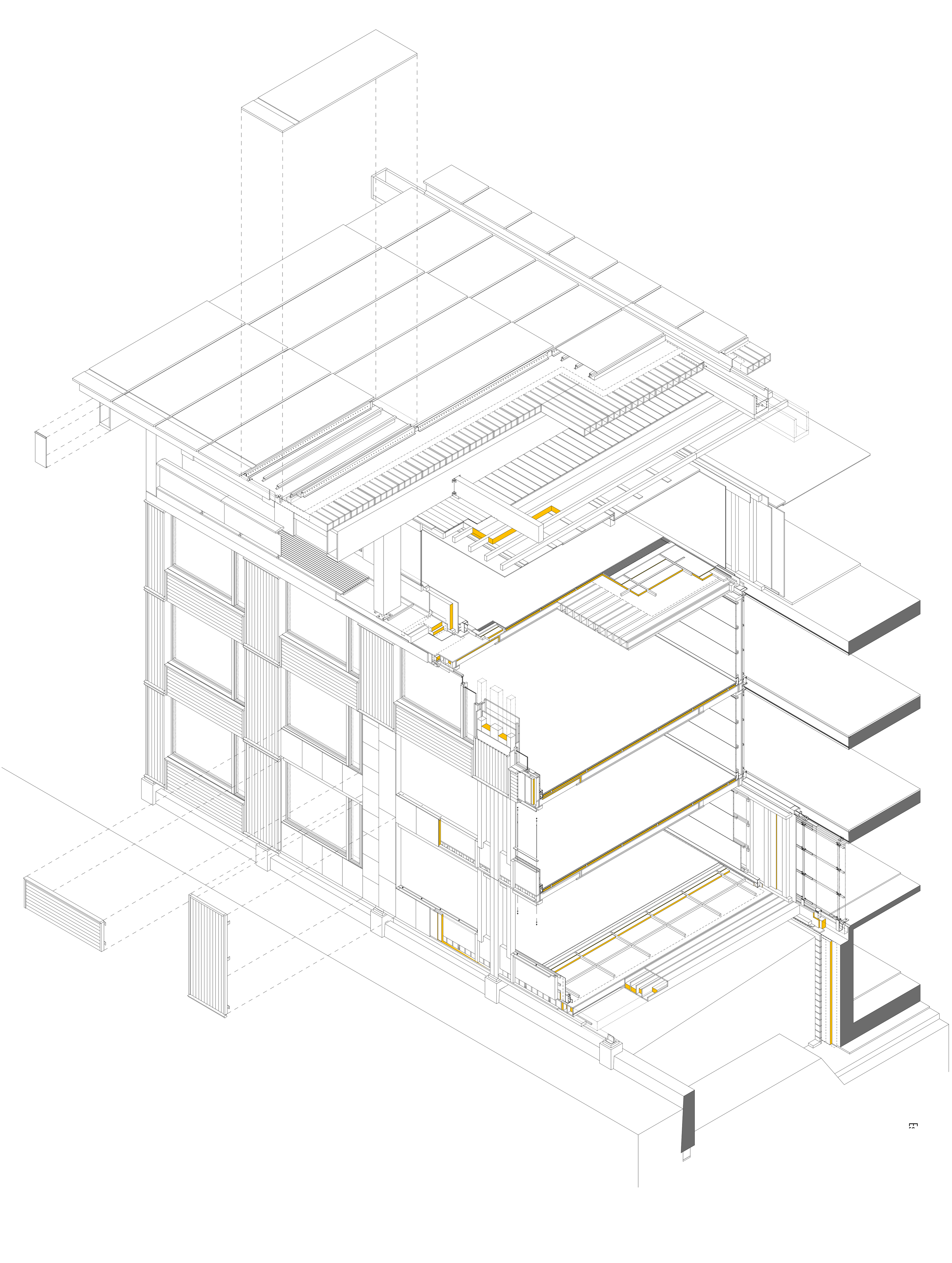Axonometría constructiva completa de la Escuela de la Madera