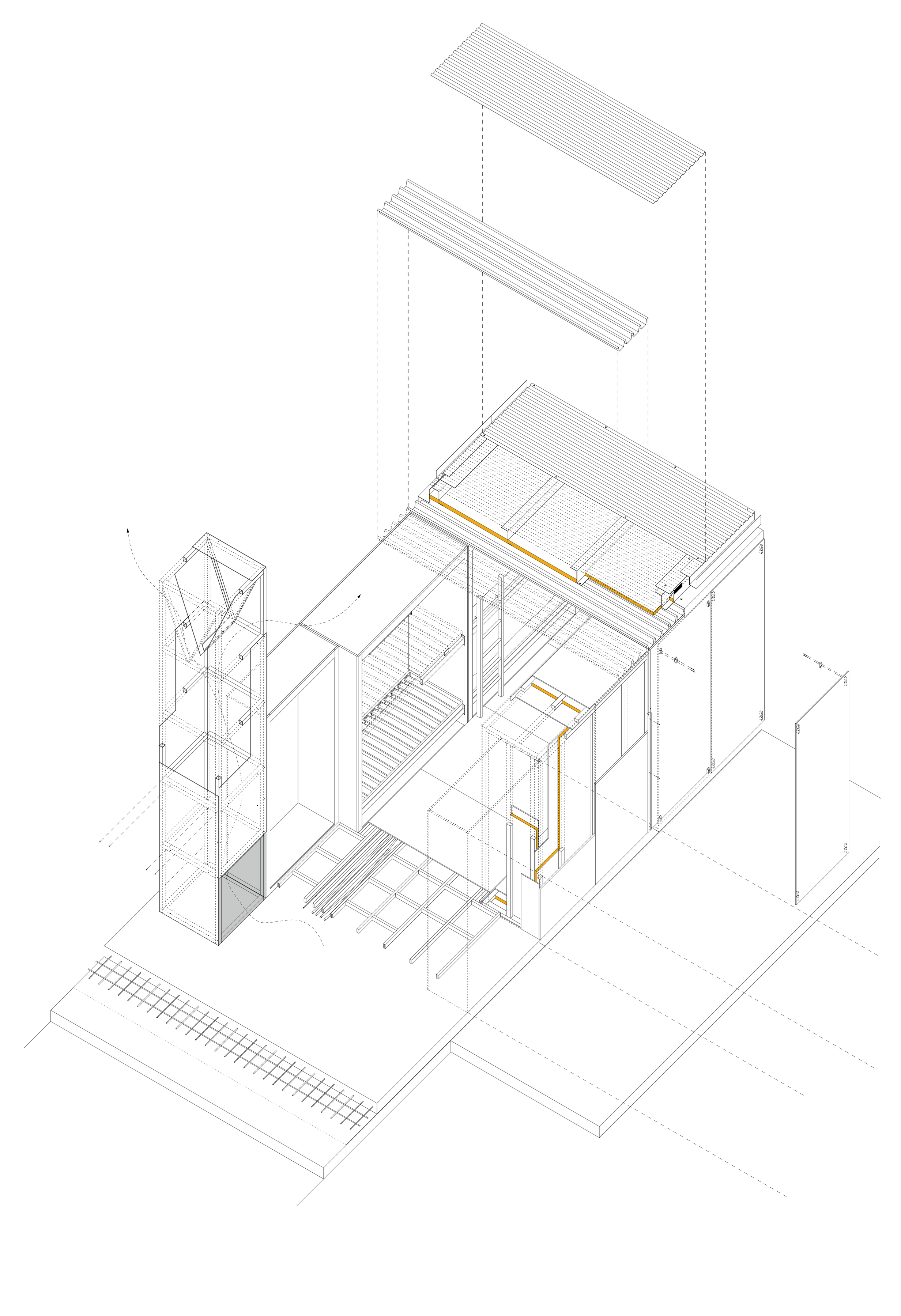 Axonometría de la Vivienda Kit de Temporeros construida sobre solera