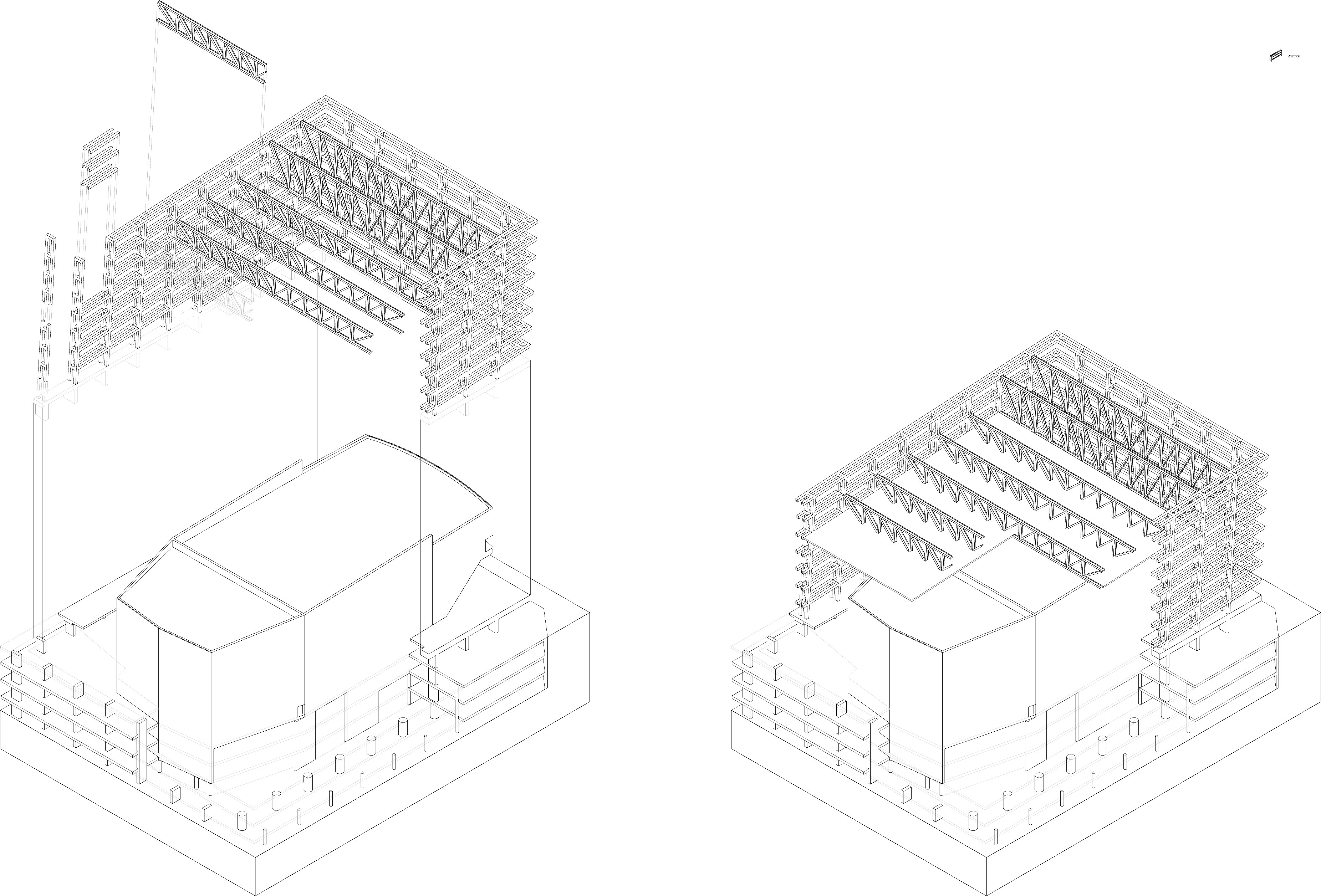 Esquema de la gran estructura metálica alrededor del volumen de hormigón de la sala acústica