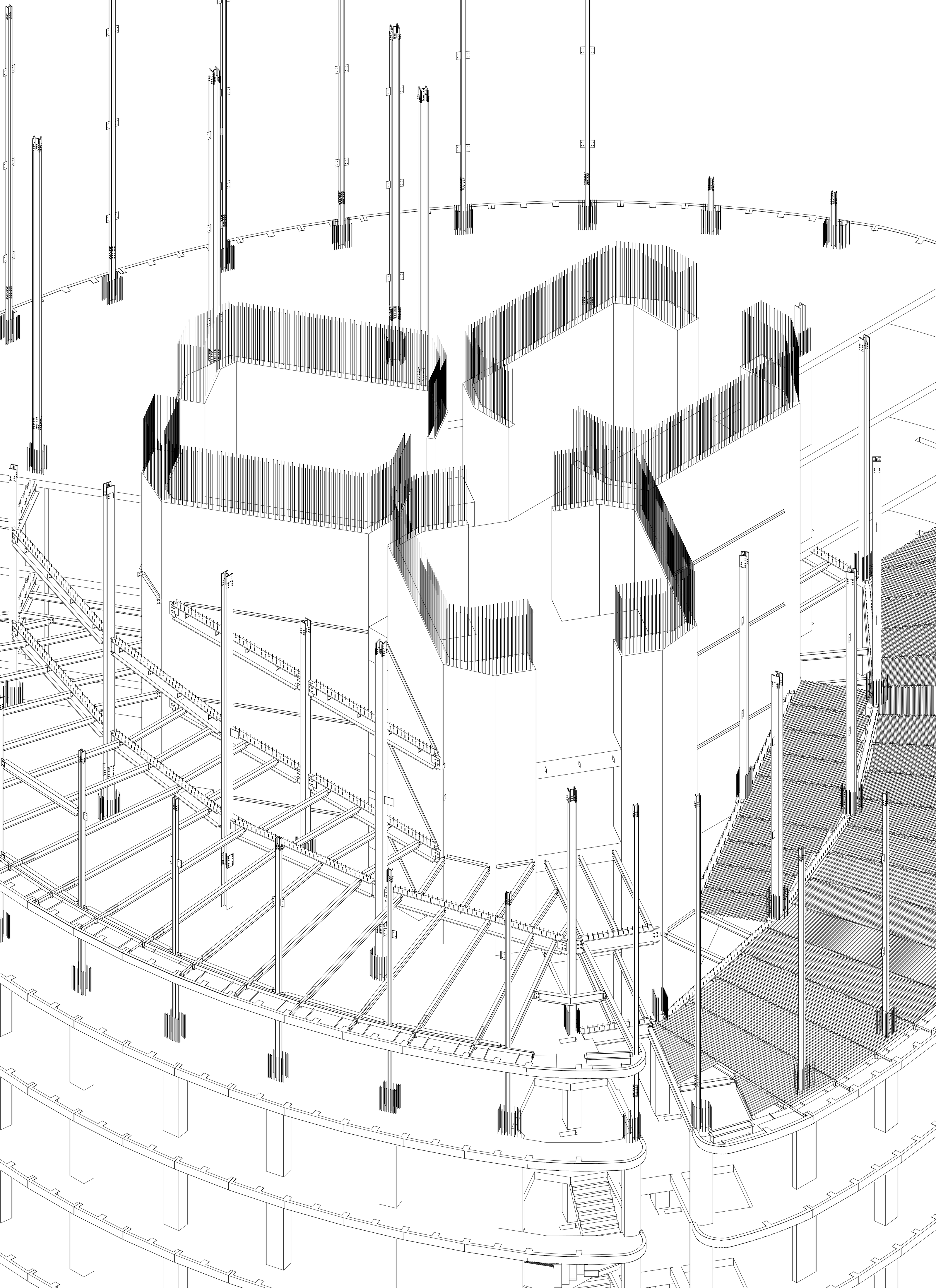 Encuadre próximo del núcleo y de varios gajos estructurales de la Torre PwC