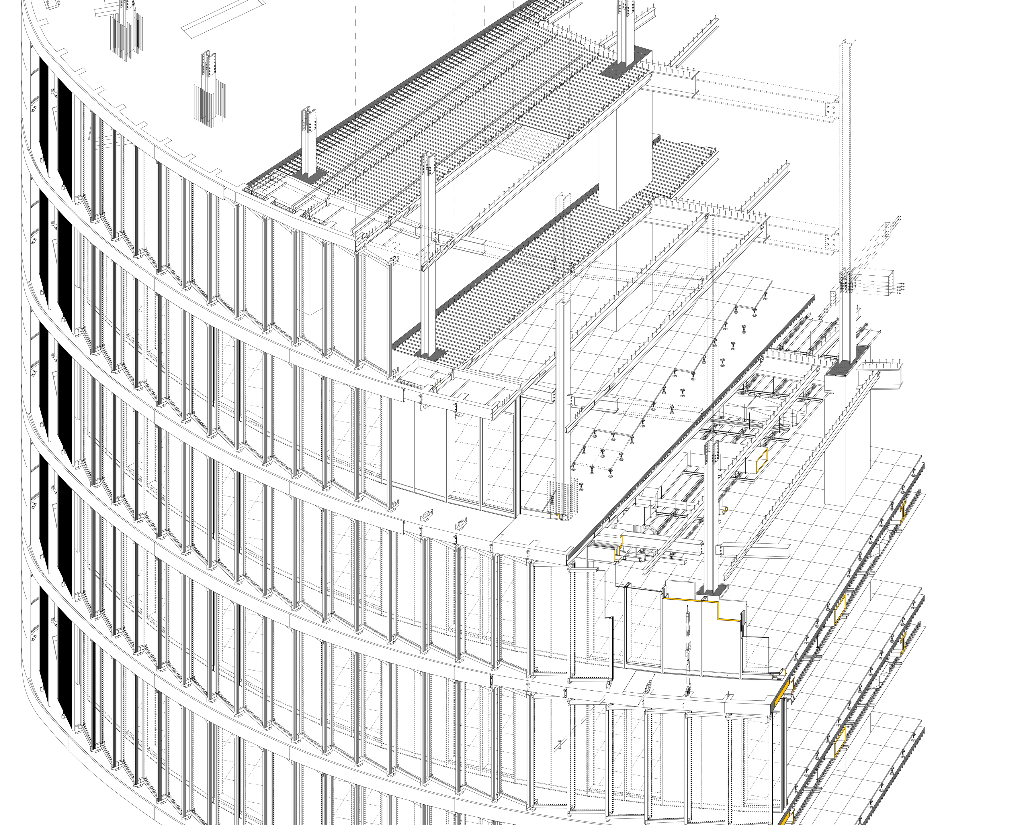 Detalle constructivo de la coronación y la fachada de la Torre PwC